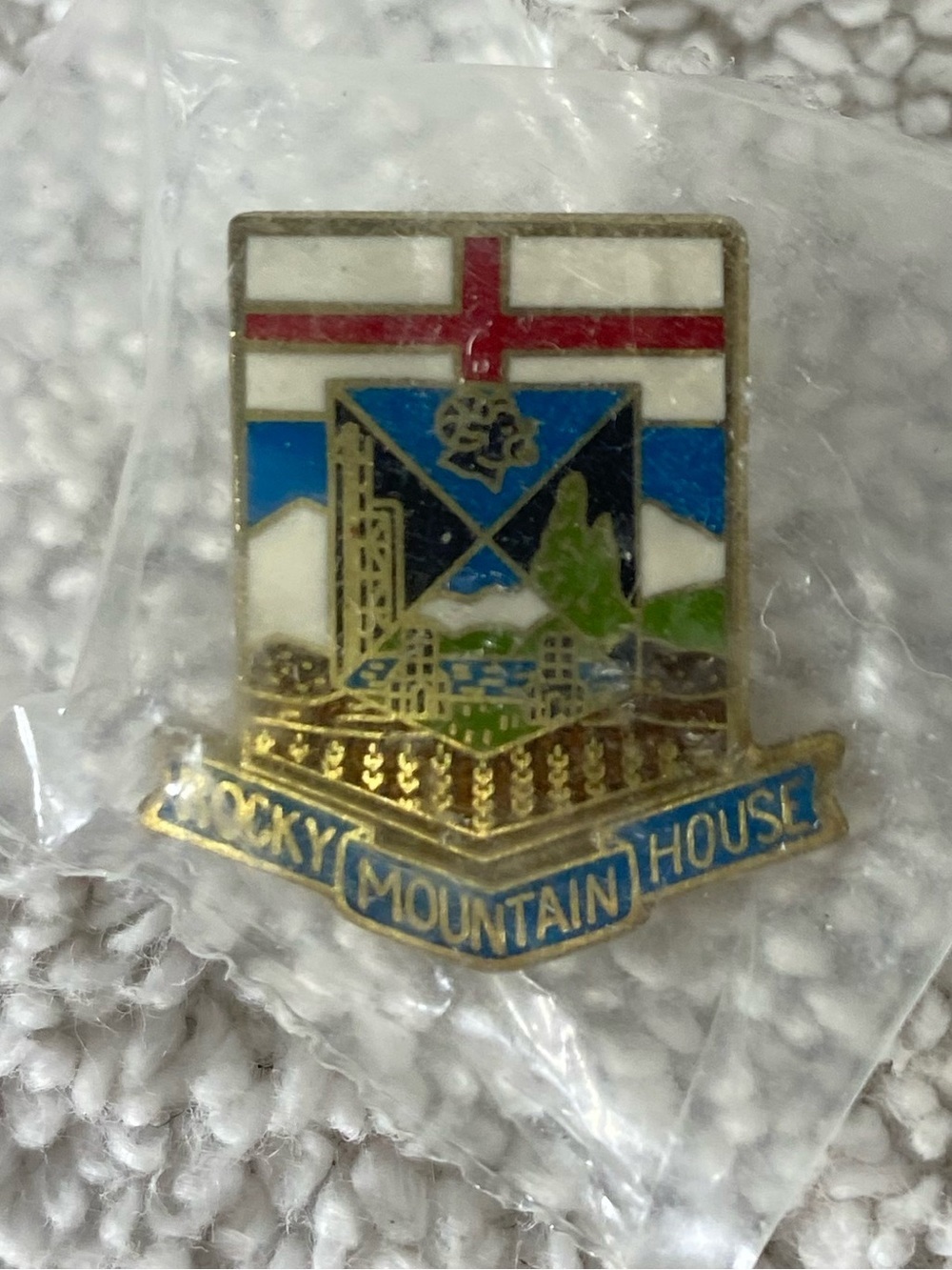 5/$35 Vintage Rocky Mountain House Alberta Town Crest Souvenir Travel Lapel Pin